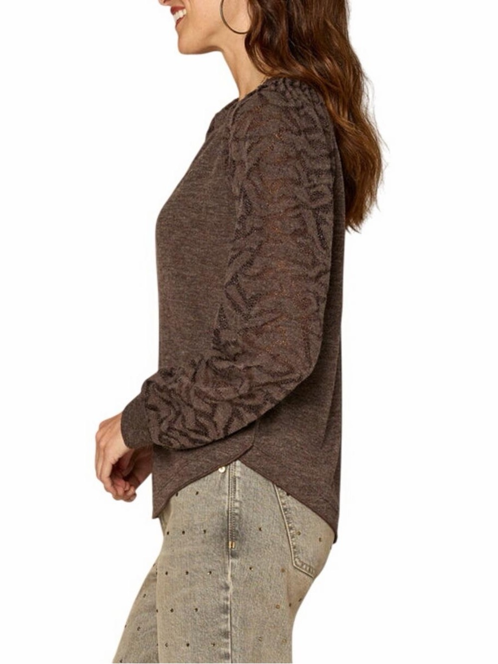 Democracy XL Heather Espresso Mixed Media Lace Sleeve Top NWT - Picture 6 of 16